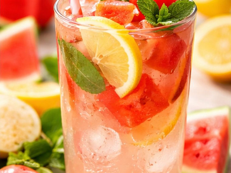 Watermelon, ginger and cucumber lemonades in tall glasses