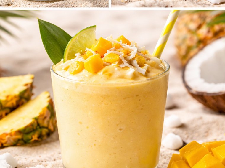Mango coco smoothie in a glass with fresh mango and coconut