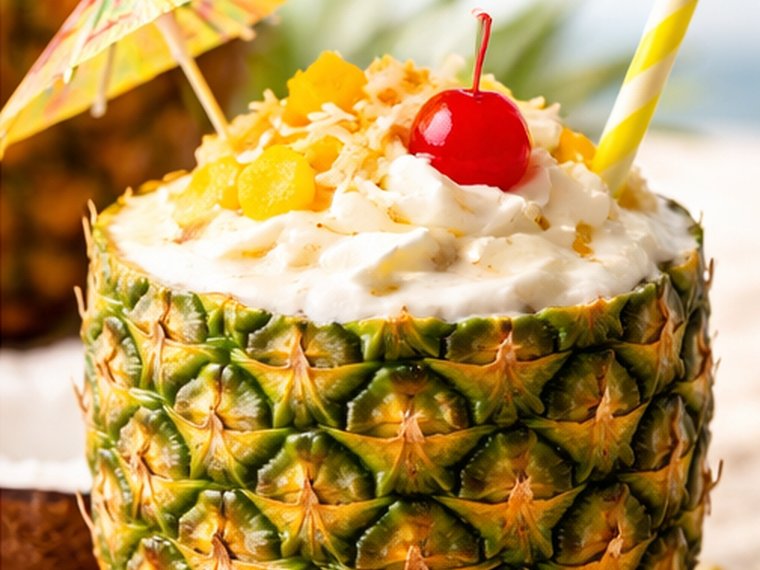 Piña colada served in a hollowed pineapple and in a cup