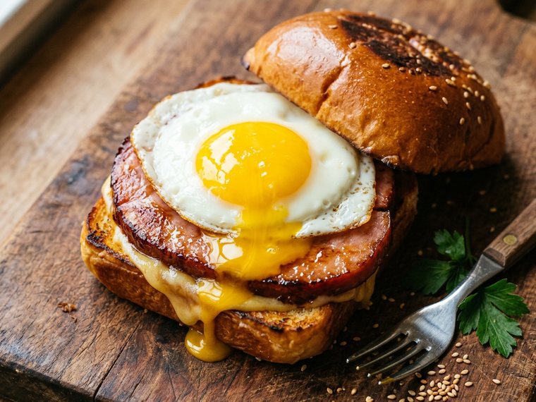 Ham, egg and cheddar on toasted brioche with a runny yolk