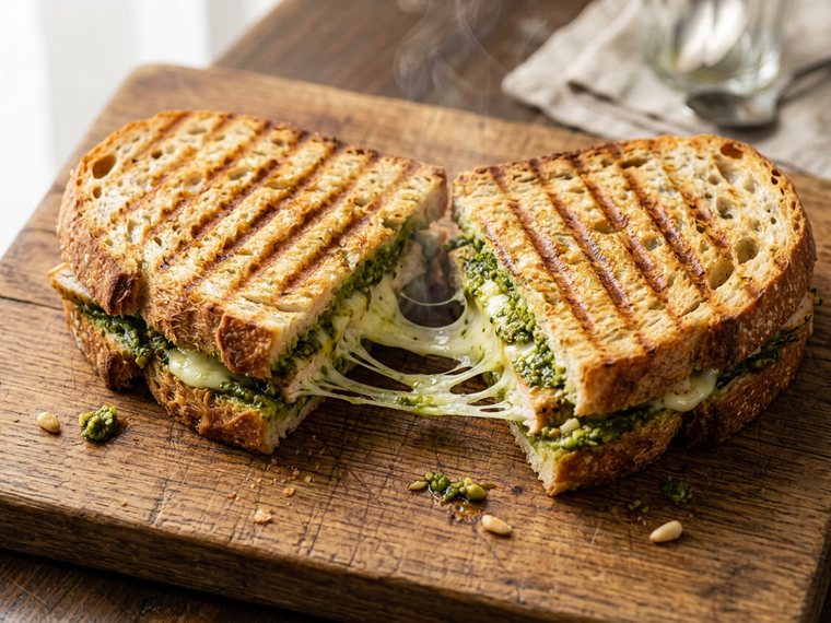 Grilled chicken pesto mozzarella panini cut diagonally