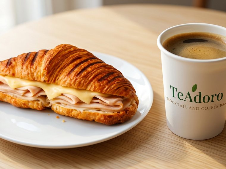 Turkey and Swiss croissant beside a TeAdoro coffee cup