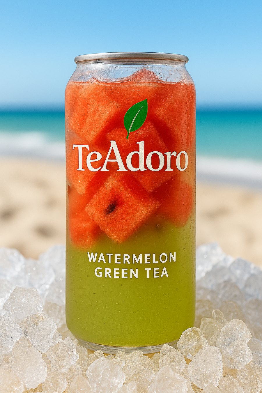 A 12 oz TeAdoro Watermelon Green Tea can resting on crushed ice at the beach