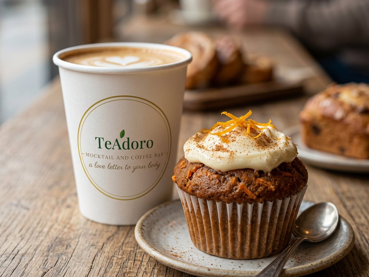A TeAdoro cup and a muffin on a wooden café table